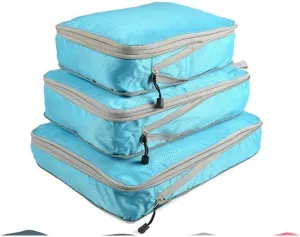 3PCS/set Compressible Packing Travel Organiser Cube Waterproof Suitcase Nylon Luggage Storage Bag Large Capacity Handbag(Blue,2SET)