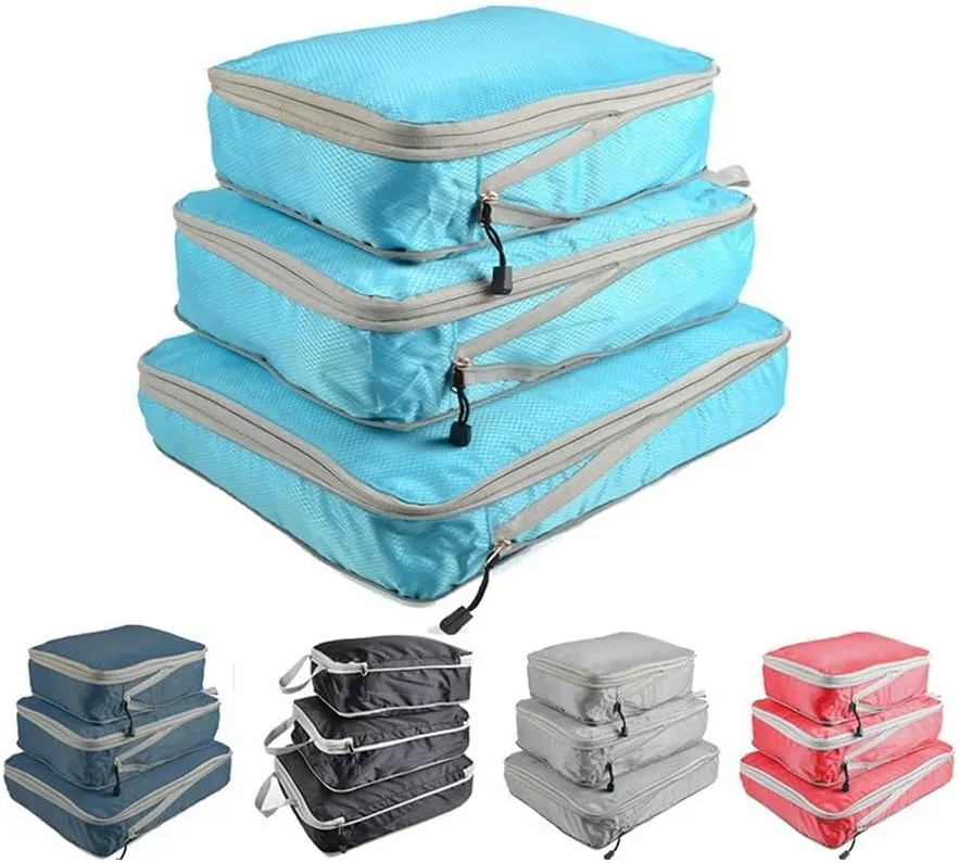 3PCS/set Compressible Packing Travel Organiser Cube Waterproof Suitcase Nylon Luggage Storage Bag Large Capacity Handbag(Blue,2SET)