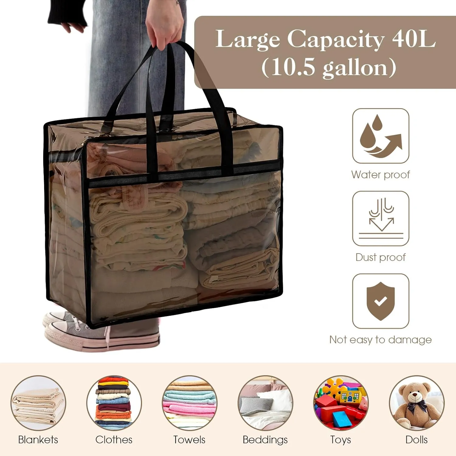 4 Pcs PVC Transparent Zippered Storage Bags Closet Organizers and Plastic Duffel Bags with Reinforced Handle for Bedding Clothing Comforters Pillows(Black)