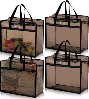 4 Pcs PVC Transparent Zippered Storage Bags Closet Organizers and Plastic Duffel Bags with Reinforced Handle for Bedding Clothing Comforters Pillows(Black)