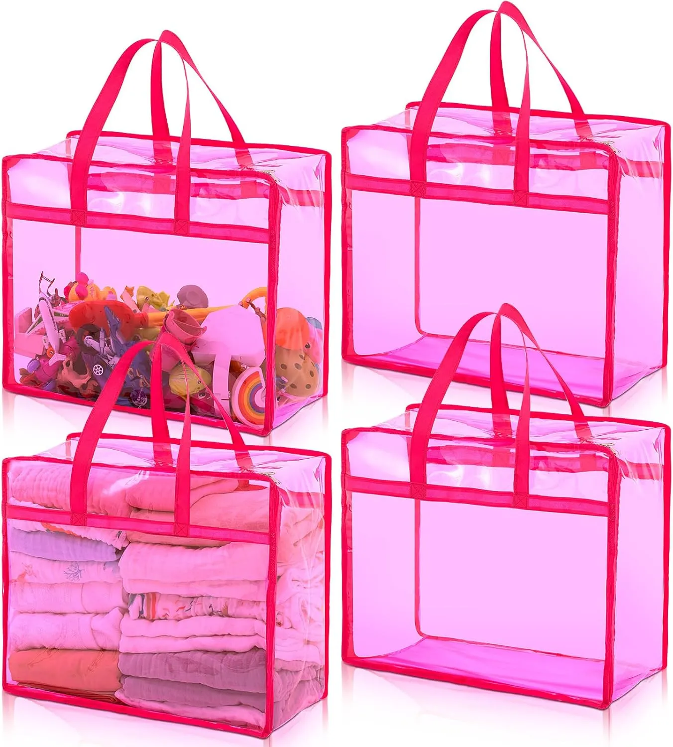4 Pcs PVC Transparent Zippered Storage Bags Closet Organizers and Plastic Duffel Bags with Reinforced Handle for Bedding Clothing Comforters Pillows(Rose Red)