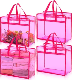 4 Pcs PVC Transparent Zippered Storage Bags Closet Organizers and Plastic Duffel Bags with Reinforced Handle for Bedding Clothing Comforters Pillows(Rose Red)