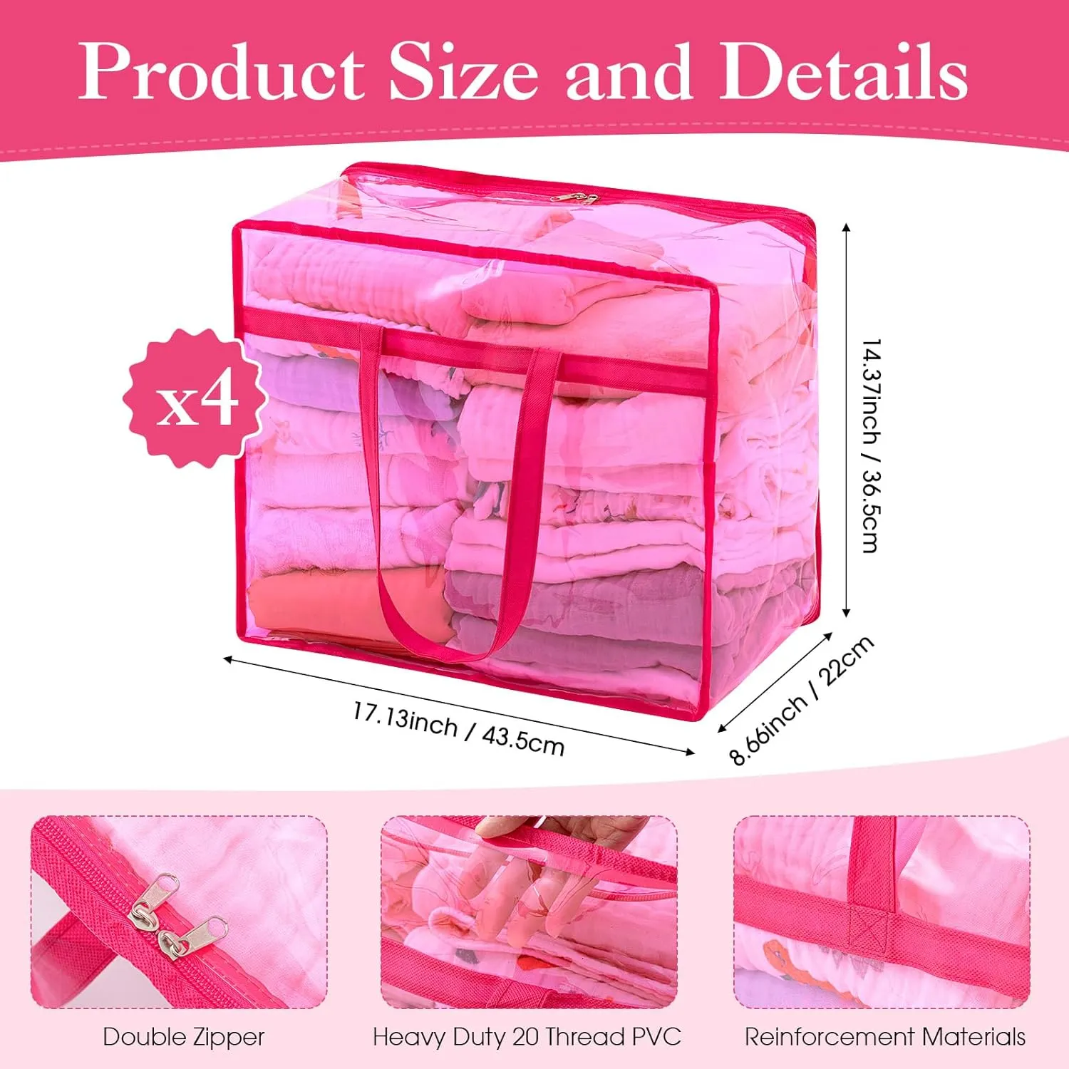 4 Pcs PVC Transparent Zippered Storage Bags Closet Organizers and Plastic Duffel Bags with Reinforced Handle for Bedding Clothing Comforters Pillows(Rose Red)