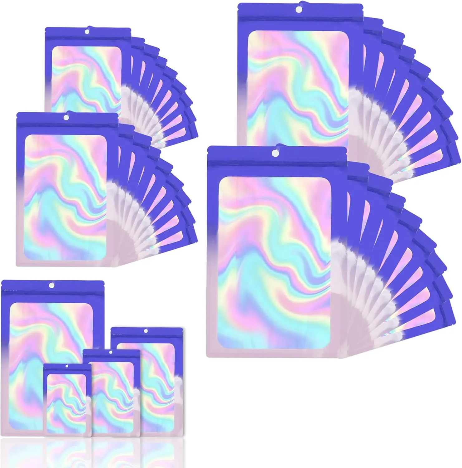 400 Pack 4 Size Bags with Clear Window,Scratch Resistant Hand Holographic Packaging Pouch,Resealable Bag for Small Bussiness Cookies Jewelry Candy Sample (Blue Purple, 2.4×3.9,3x4.7,4×7,5.5×7.9 inch)