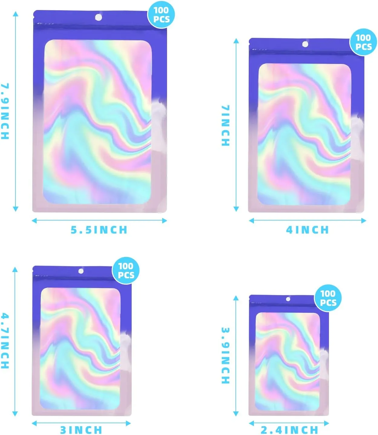 400 Pack 4 Size Bags with Clear Window,Scratch Resistant Hand Holographic Packaging Pouch,Resealable Bag for Small Bussiness Cookies Jewelry Candy Sample (Blue Purple, 2.4×3.9,3x4.7,4×7,5.5×7.9 inch)