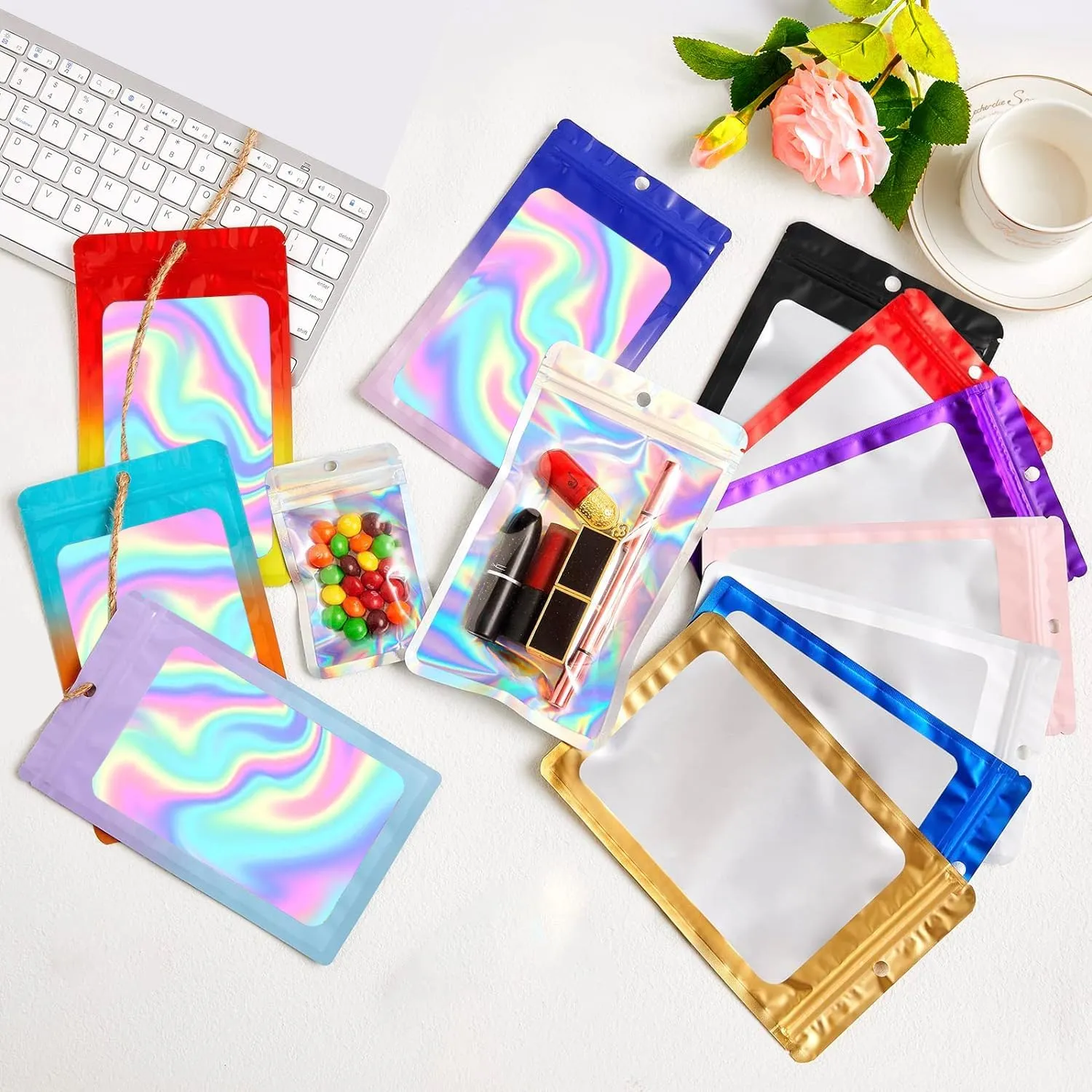400 Pack 4 Size Bags with Clear Window,Scratch Resistant Hand Holographic Packaging Pouch,Resealable Bag for Small Bussiness Cookies Jewelry Candy Sample (Blue Purple, 2.4×3.9,3x4.7,4×7,5.5×7.9 inch)