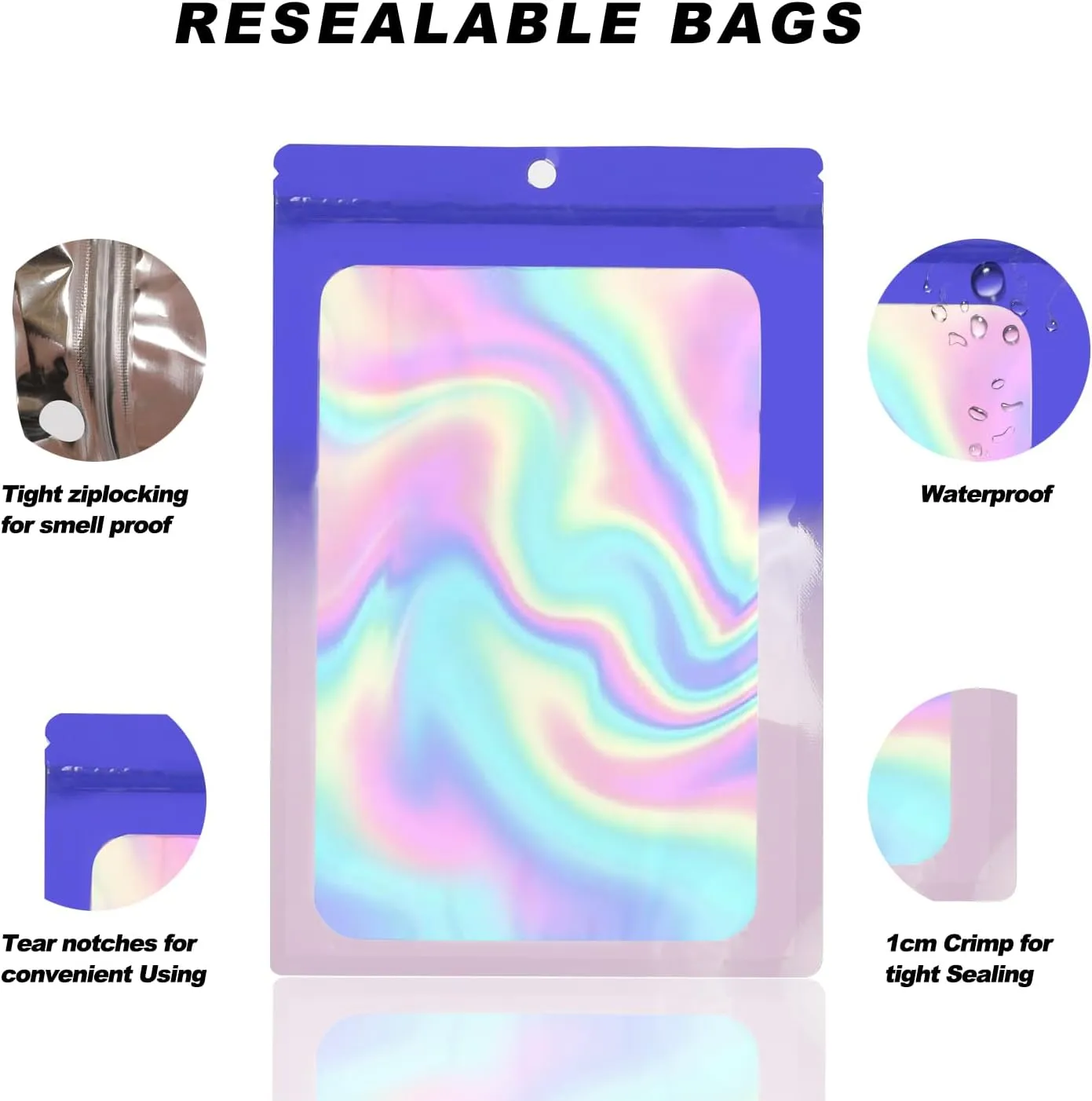 400 Pack 4 Size Bags with Clear Window,Scratch Resistant Hand Holographic Packaging Pouch,Resealable Bag for Small Bussiness Cookies Jewelry Candy Sample (Blue Purple, 2.4×3.9,3x4.7,4×7,5.5×7.9 inch)