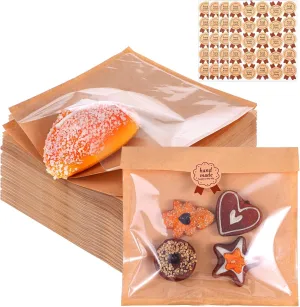 400 Pack Heat Sealable Bakery Bags with Window, Kraft Paper Grease Resistant To Go Cookie Bags for Packaging Donut, Pastries and other Treats (7.9 x 7.3 Inch)