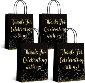 45 Pcs Wedding Welcome Bags for Hotel Guests Gold Foil Wedding Gift with Handles Thanks for Celebrating with Us Paper Bags Medium Size Bridal Gift Favor(Black)