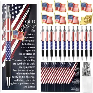 48 Pcs 4th of July Gift Bulk American Flag Ballpoint Pens USA Flag Lapel Pins Patriotic Bookmarks Patriotic Souvenirs for Memorial Day Veteran Gift Independence Day Party Military Supplies