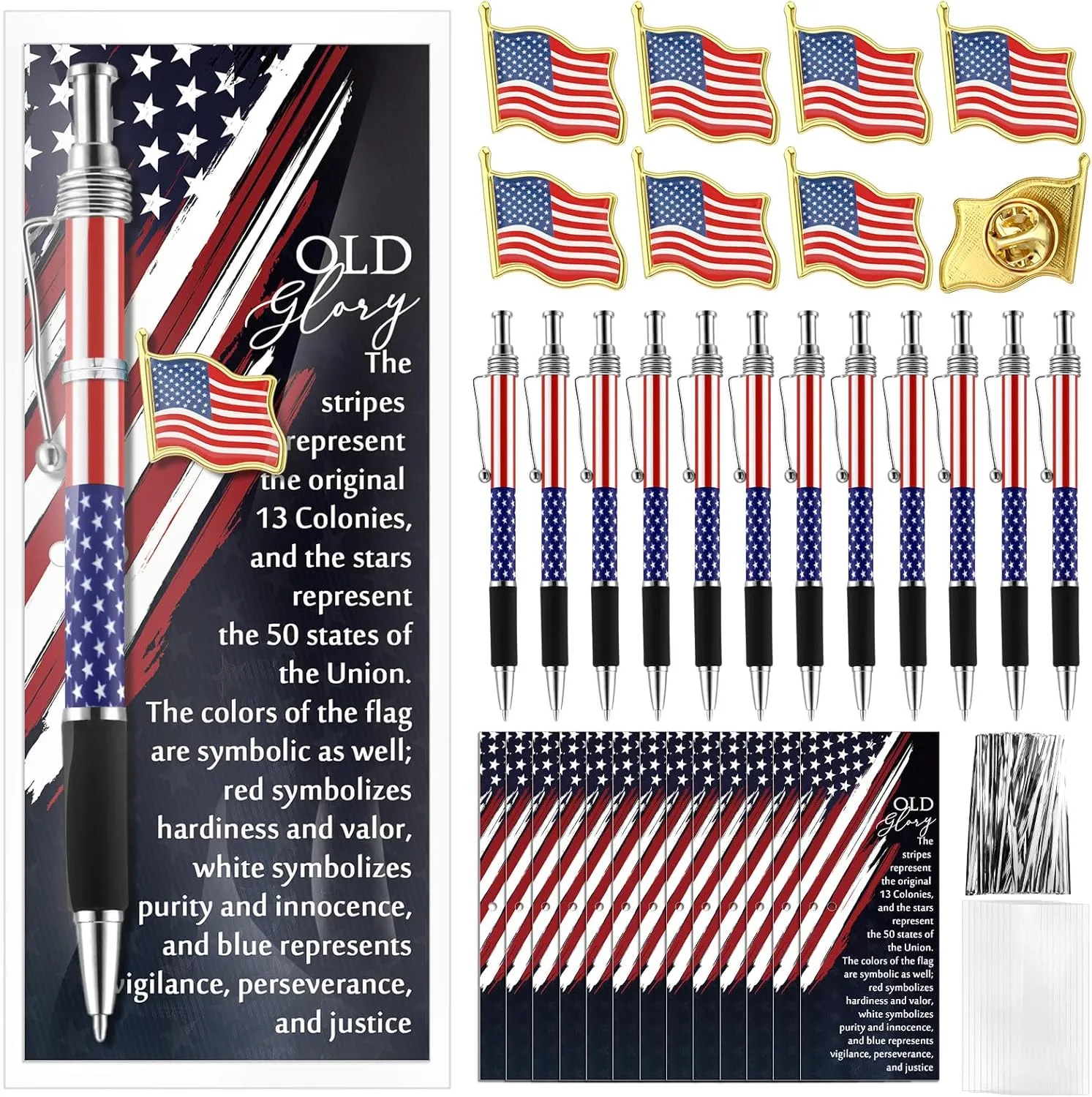 48 Pcs 4th of July Gift Bulk American Flag Ballpoint Pens USA Flag Lapel Pins Patriotic Bookmarks Patriotic Souvenirs for Memorial Day Veteran Gift Independence Day Party Military Supplies