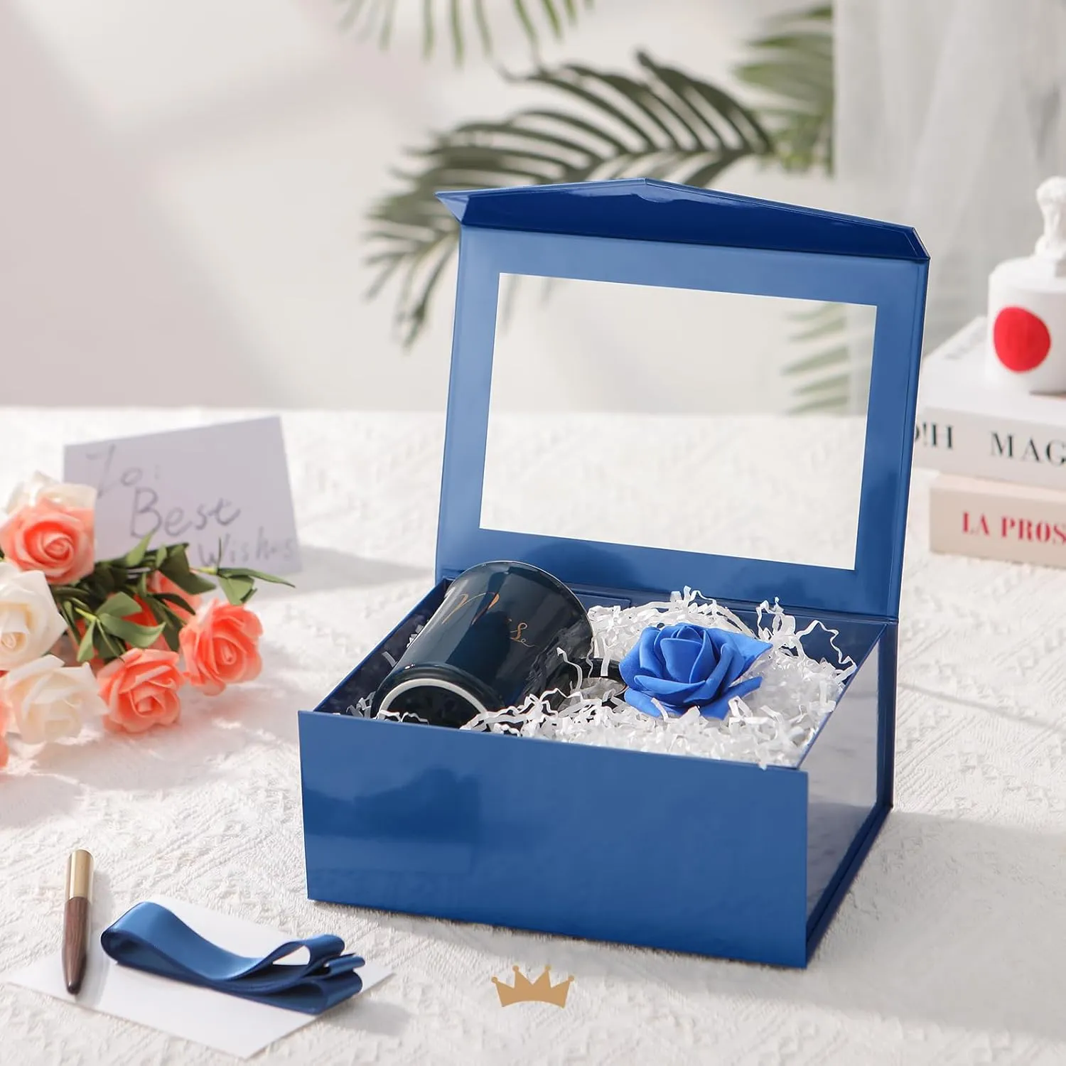5 Easter Blue Gift Boxes with Windows, 9x6.5x3.8 Inches, Clear Gift Boxes for Presents Contain Ribbons, Cards, Groomsmen Proposal Boxes, Gift Boxes with Magnetic Lids (Glossy Blue)