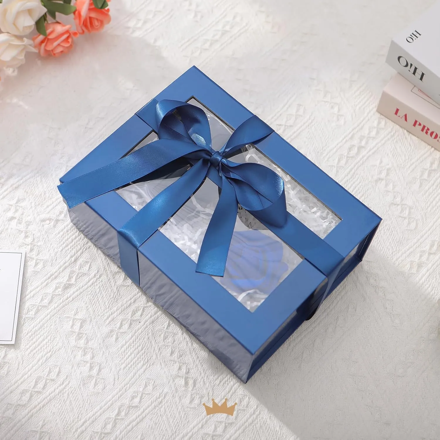 5 Easter Blue Gift Boxes with Windows, 9x6.5x3.8 Inches, Clear Gift Boxes for Presents Contain Ribbons, Cards, Groomsmen Proposal Boxes, Gift Boxes with Magnetic Lids (Glossy Blue)