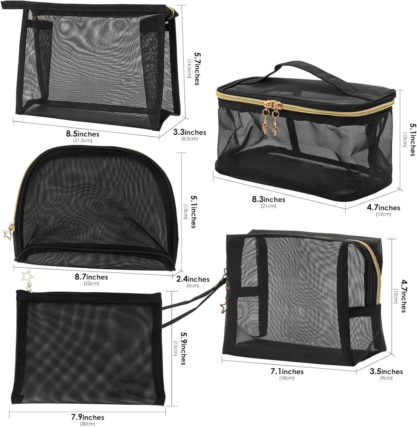 5 Pieces Mesh Makeup Bags, Portable Mesh Cosmetic Bag with Zipper, Travel Toiletry Bag for Home Office Travel Accessories (Black)