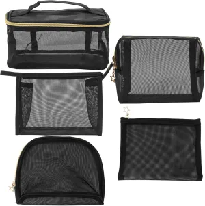 5 Pieces Mesh Makeup Bags, Portable Mesh Cosmetic Bag with Zipper, Travel Toiletry Bag for Home Office Travel Accessories (Black)