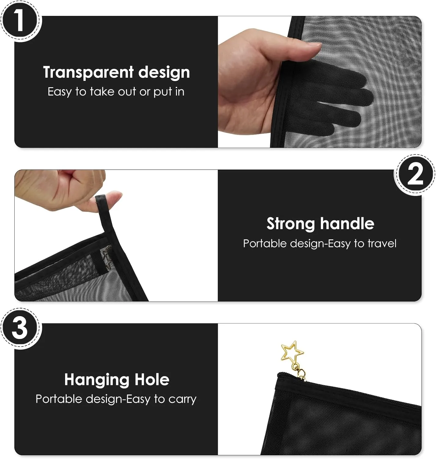 5 Pieces Mesh Makeup Bags, Portable Mesh Cosmetic Bag with Zipper, Travel Toiletry Bag for Home Office Travel Accessories (Black)