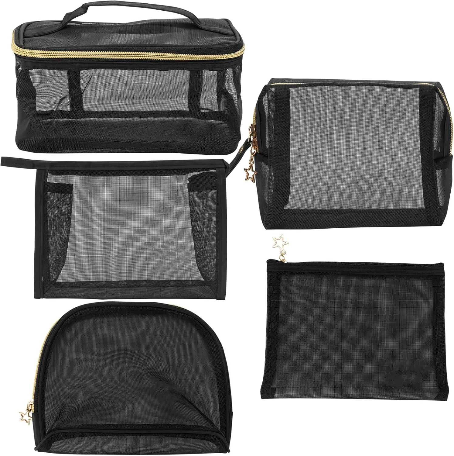 5 Pieces Mesh Makeup Bags, Portable Mesh Cosmetic Bag with Zipper, Travel Toiletry Bag for Home Office Travel Accessories (Black)