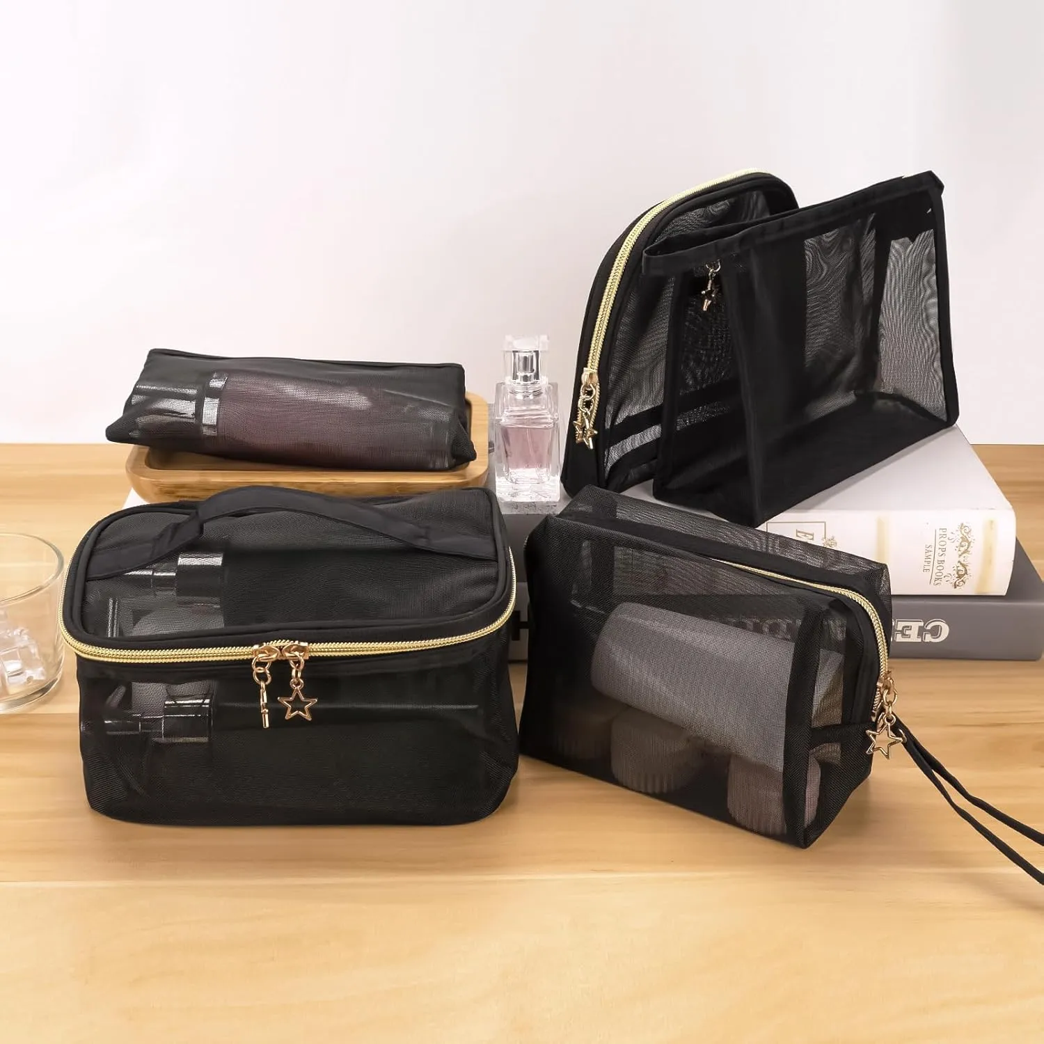 5 Pieces Mesh Makeup Bags, Portable Mesh Cosmetic Bag with Zipper, Travel Toiletry Bag for Home Office Travel Accessories (Black)