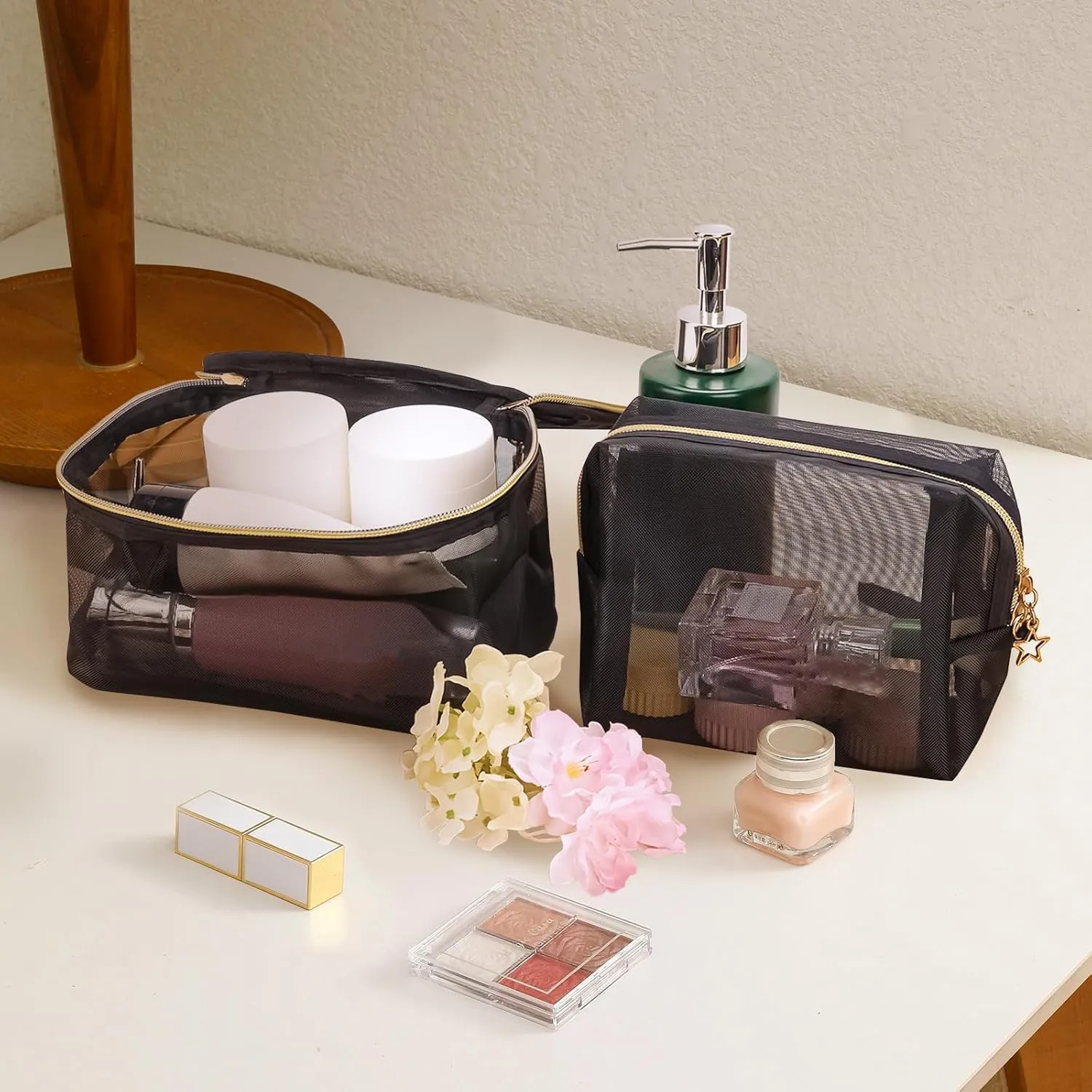 5 Pieces Mesh Makeup Bags, Portable Mesh Cosmetic Bag with Zipper, Travel Toiletry Bag for Home Office Travel Accessories (Black)