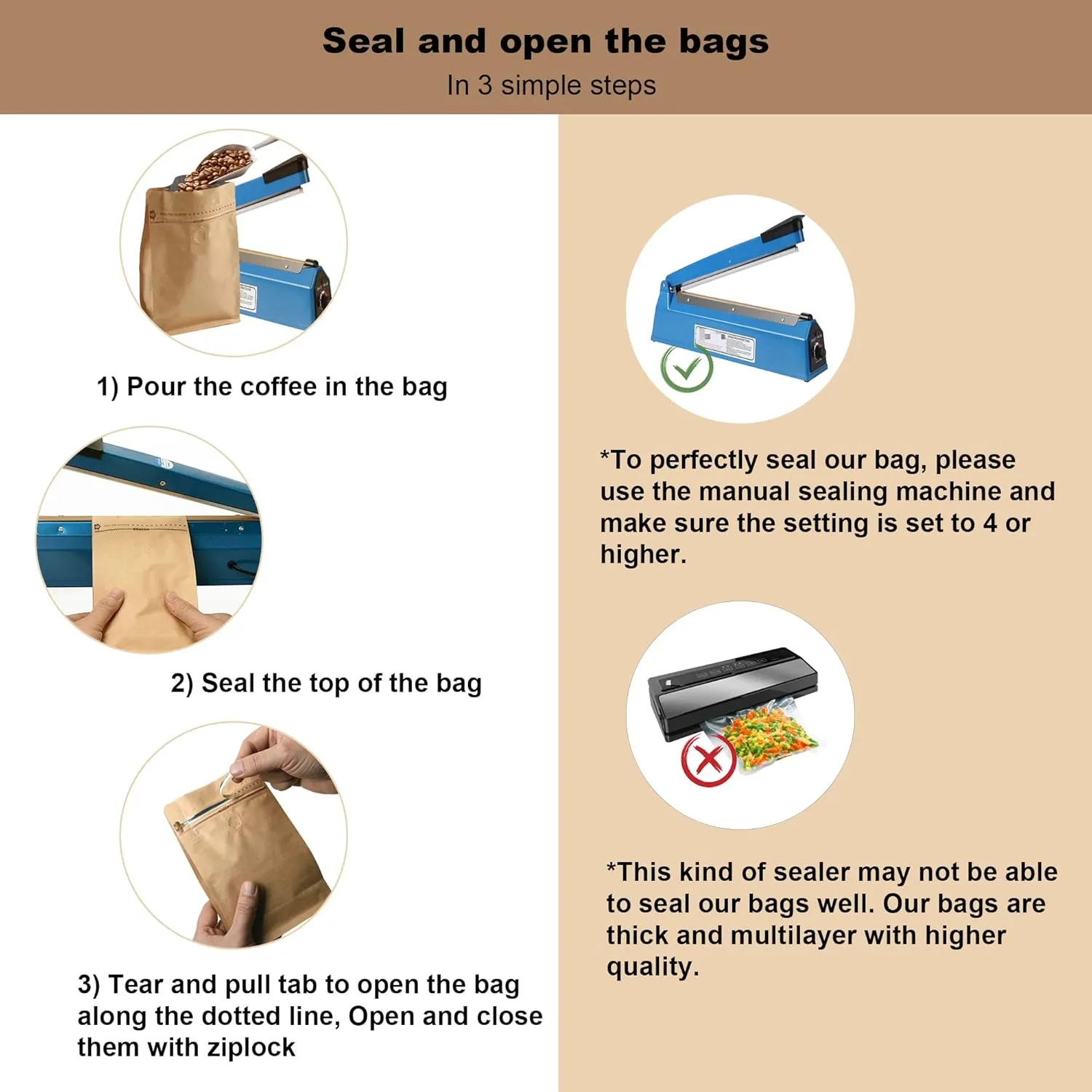 50 Count 32 Ounces/1Kg Kraft Paper Coffee Bags - High Barrier Kraft & Foil Liner - Flat Bottom Coffee Pouches with Degassing Valve, Food Storage Bags with Rsealable Zipper & Easy Open Tape (50pcs, 32oz/1kg)