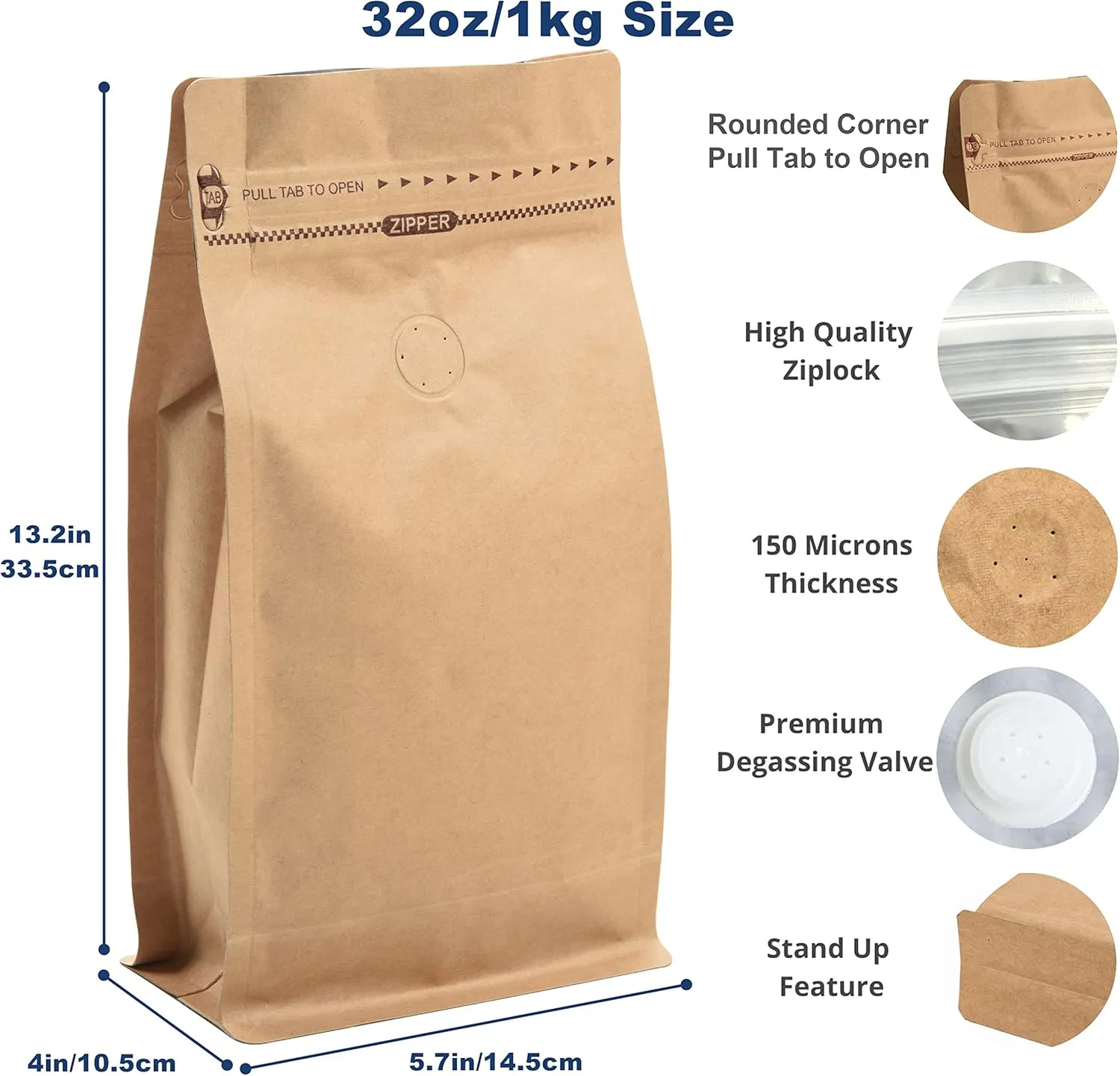 50 Count 32 Ounces/1Kg Kraft Paper Coffee Bags - High Barrier Kraft & Foil Liner - Flat Bottom Coffee Pouches with Degassing Valve, Food Storage Bags with Rsealable Zipper & Easy Open Tape (50pcs, 32oz/1kg)