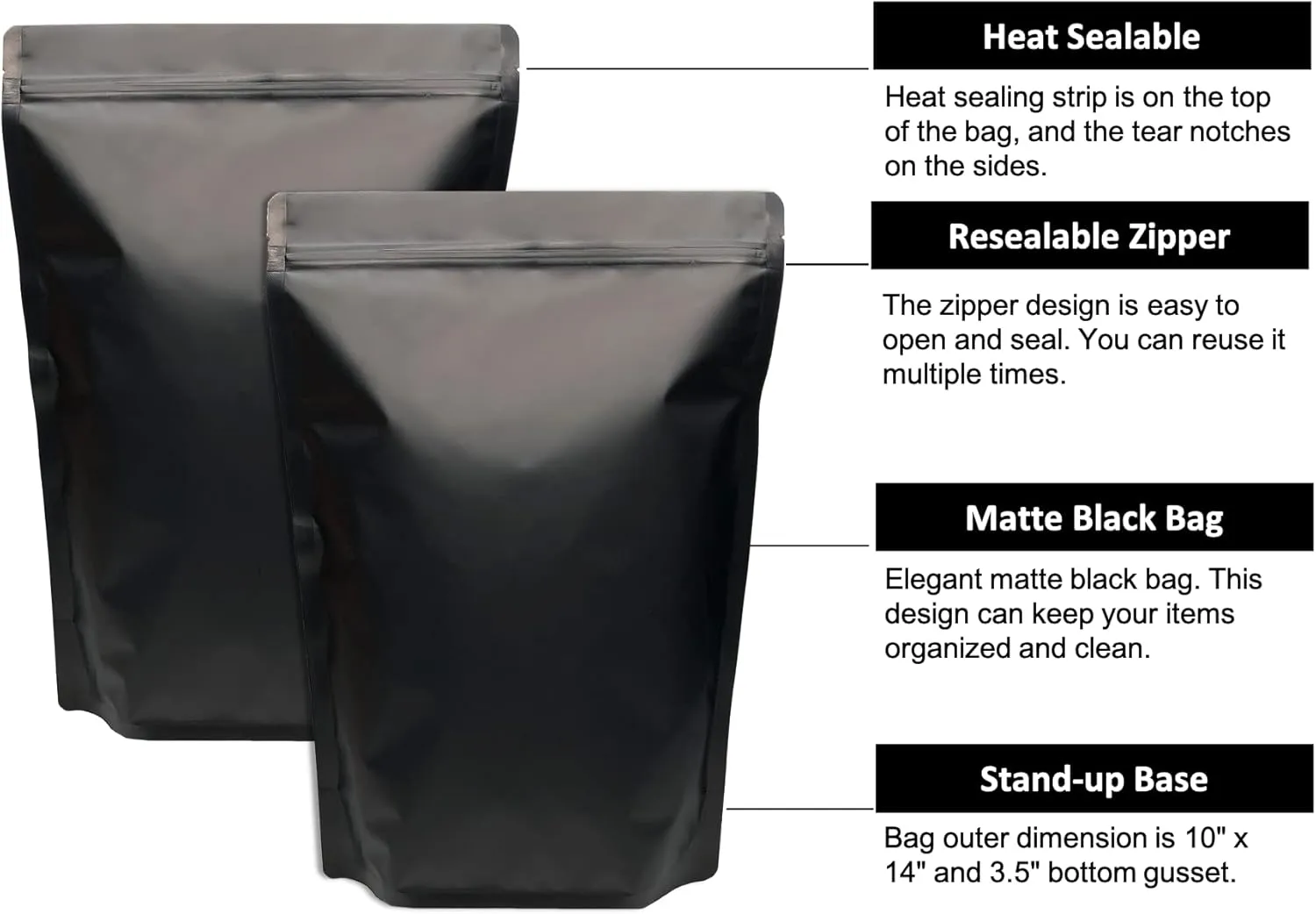50 Pack 1 Gallon Matte Black Stand Up Food Storage Bags – 5 Mil 10x14 Inches Resealable Food Storage Zipper Pouch Bag, Large Heat Sealable Plastic Foil Packaging Pouches