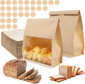 50 Pack Paper Bread Bags for Homemade Bread with Tin Tie Tab Lock, Sourdough bread bags with Window, Large Bakery Bags for Storage Cookies, 50 Cute Seal Stickers with Ties(11x8.7x4.3 inch)