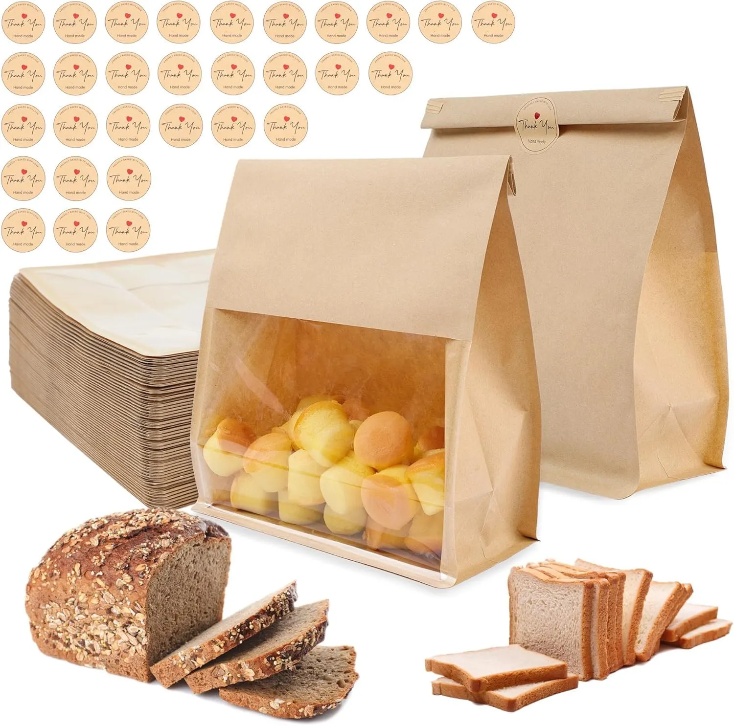 50 Pack Paper Bread Bags for Homemade Bread with Tin Tie Tab Lock, Sourdough bread bags with Window, Large Bakery Bags for Storage Cookies, 50 Cute Seal Stickers with Ties(11x8.7x4.3 inch)