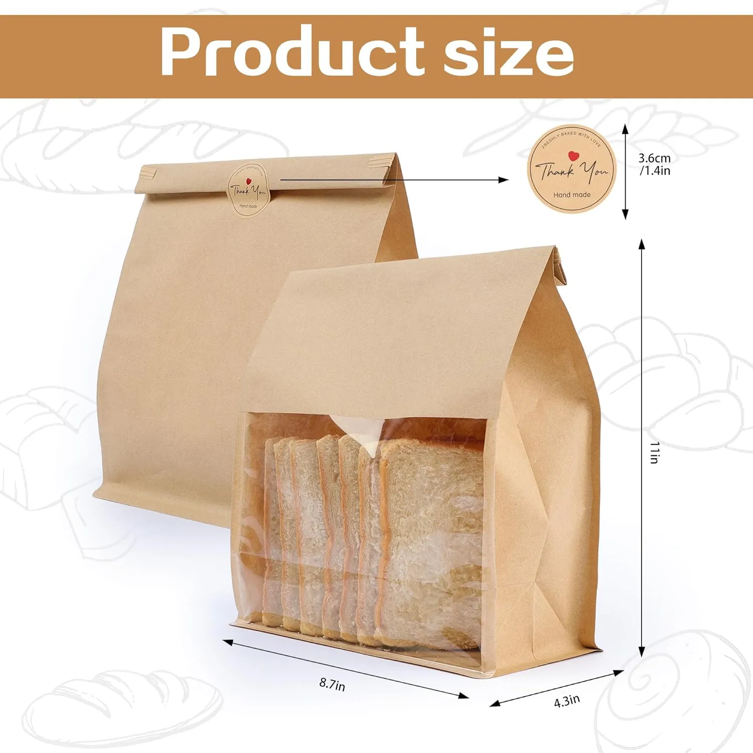 50 Pack Paper Bread Bags for Homemade Bread with Tin Tie Tab Lock, Sourdough bread bags with Window, Large Bakery Bags for Storage Cookies, 50 Cute Seal Stickers with Ties(11x8.7x4.3 inch)