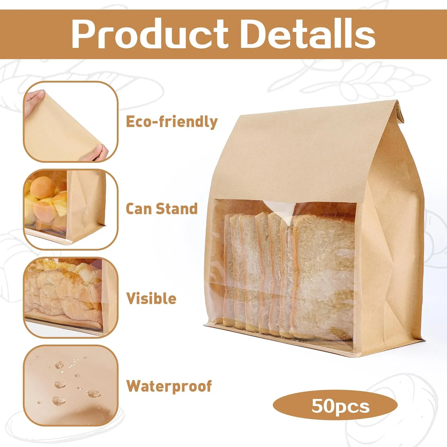 50 Pack Paper Bread Bags for Homemade Bread with Tin Tie Tab Lock, Sourdough bread bags with Window, Large Bakery Bags for Storage Cookies, 50 Cute Seal Stickers with Ties(11x8.7x4.3 inch)
