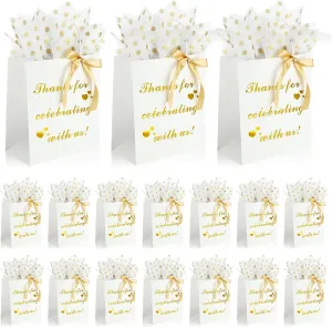 50 Pcs Wedding Gift Bags Bridal Welcome Bags with Ribbons Tissue Paper Wedding Favor Gold Foil Bags Thank You Gift Bags with Handles for Guest Birthday Party Baby Shower, 8 x 4.5 x 10 Inch (White)
