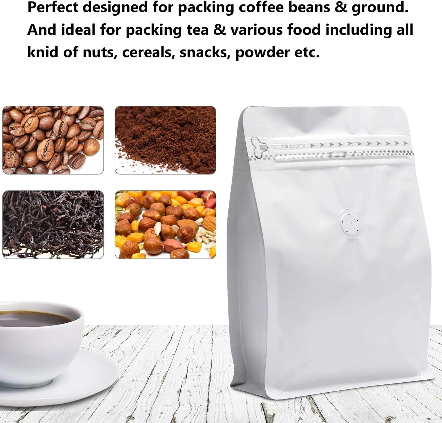 50 Pieces 12 Ounce White Kraft Paper Coffee Bags, Stand Up Coffee Pouches with One Way Degassing Valve and Reusable Side Zipper (Pull Tab to Open) Flat Bottom - Stand Up Well (12oz, 340gram)
