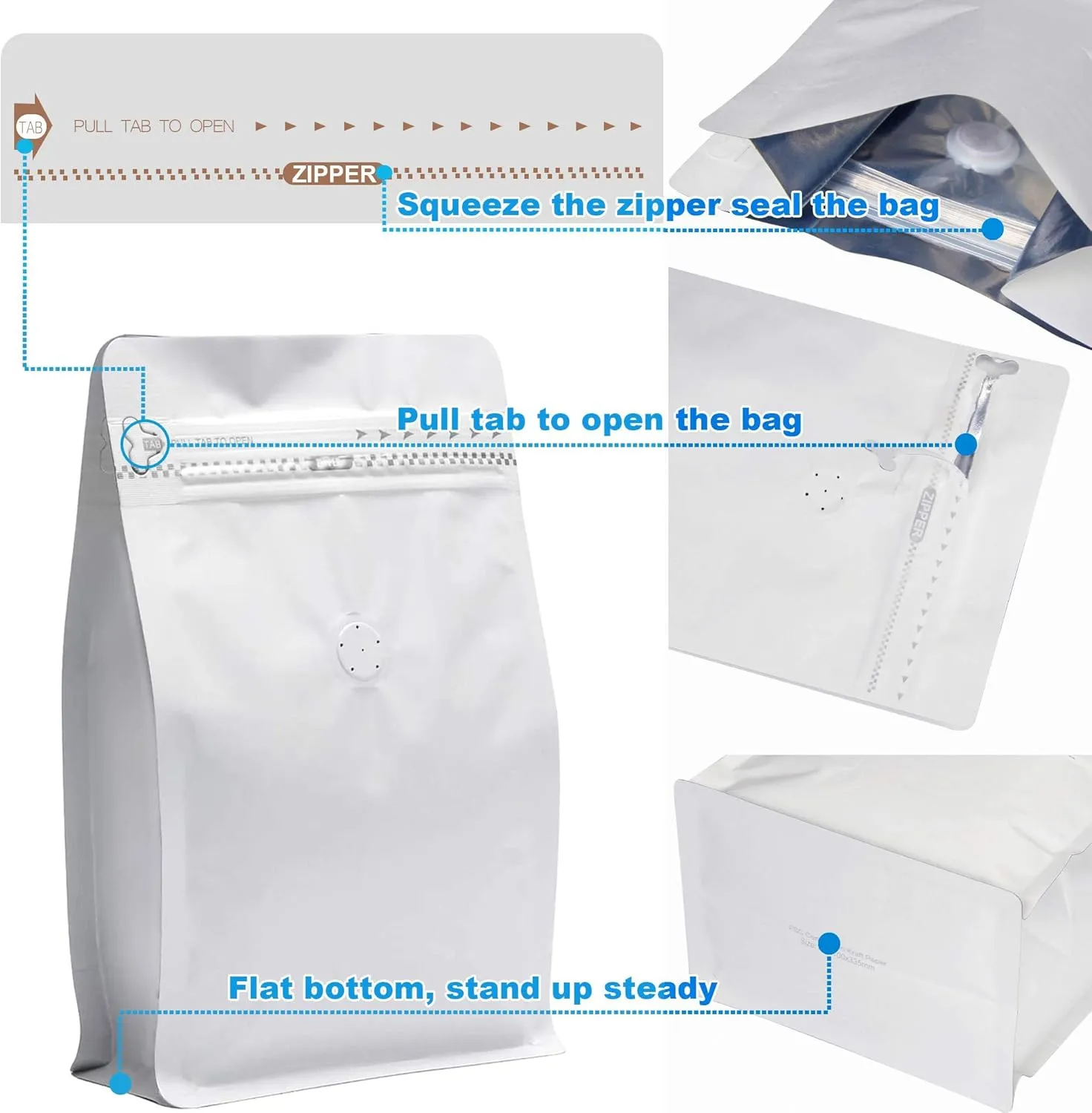 50 Pieces 12 Ounce White Kraft Paper Coffee Bags, Stand Up Coffee Pouches with One Way Degassing Valve and Reusable Side Zipper (Pull Tab to Open) Flat Bottom - Stand Up Well (12oz, 340gram)