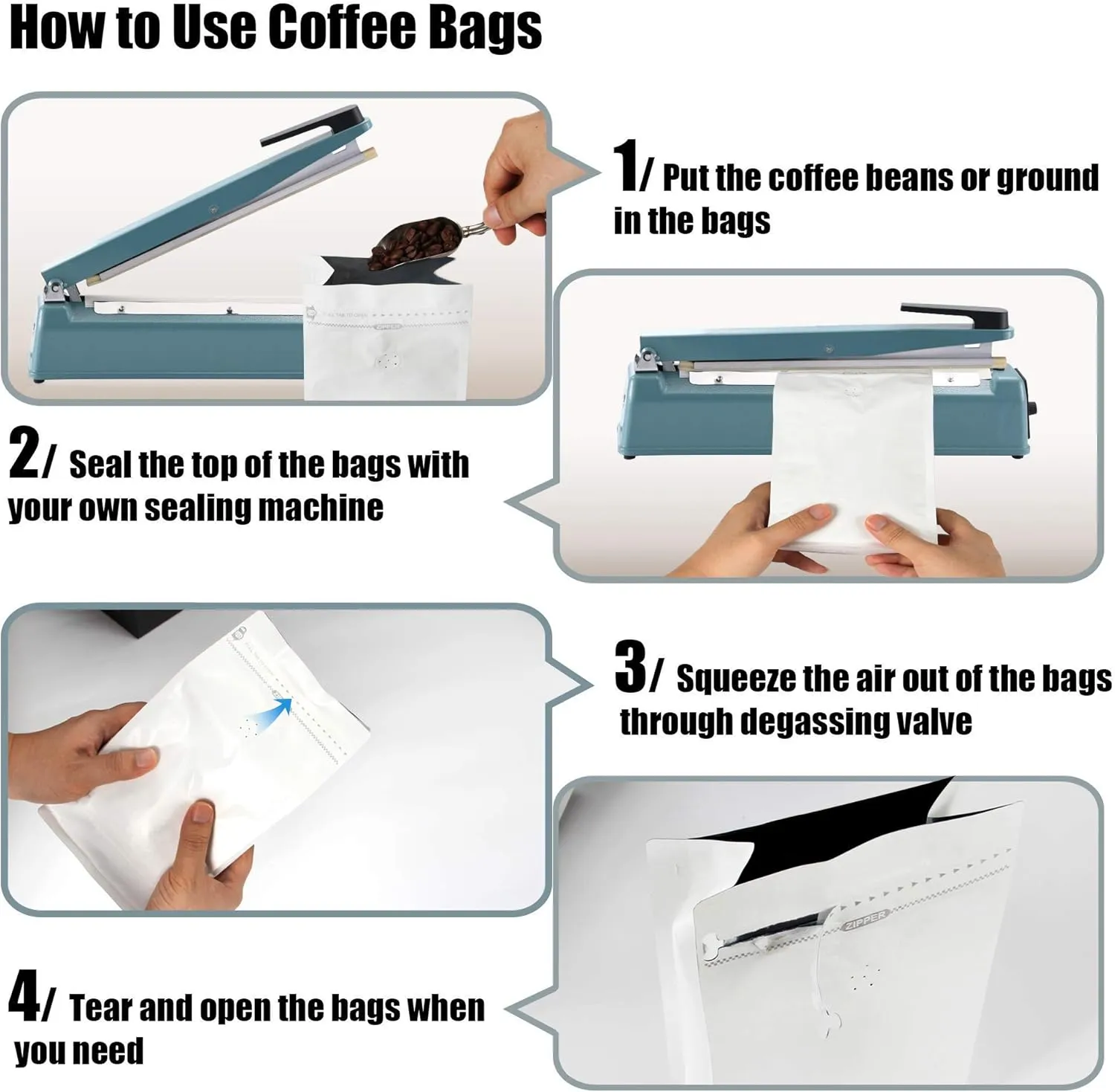 50 Pieces 12 Ounce White Kraft Paper Coffee Bags, Stand Up Coffee Pouches with One Way Degassing Valve and Reusable Side Zipper (Pull Tab to Open) Flat Bottom - Stand Up Well (12oz, 340gram)