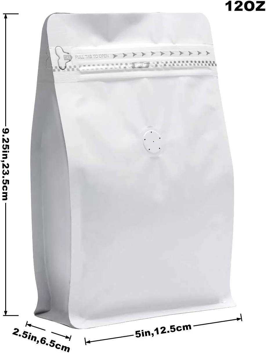 50 Pieces 12 Ounce White Kraft Paper Coffee Bags, Stand Up Coffee Pouches with One Way Degassing Valve and Reusable Side Zipper (Pull Tab to Open) Flat Bottom - Stand Up Well (12oz, 340gram)