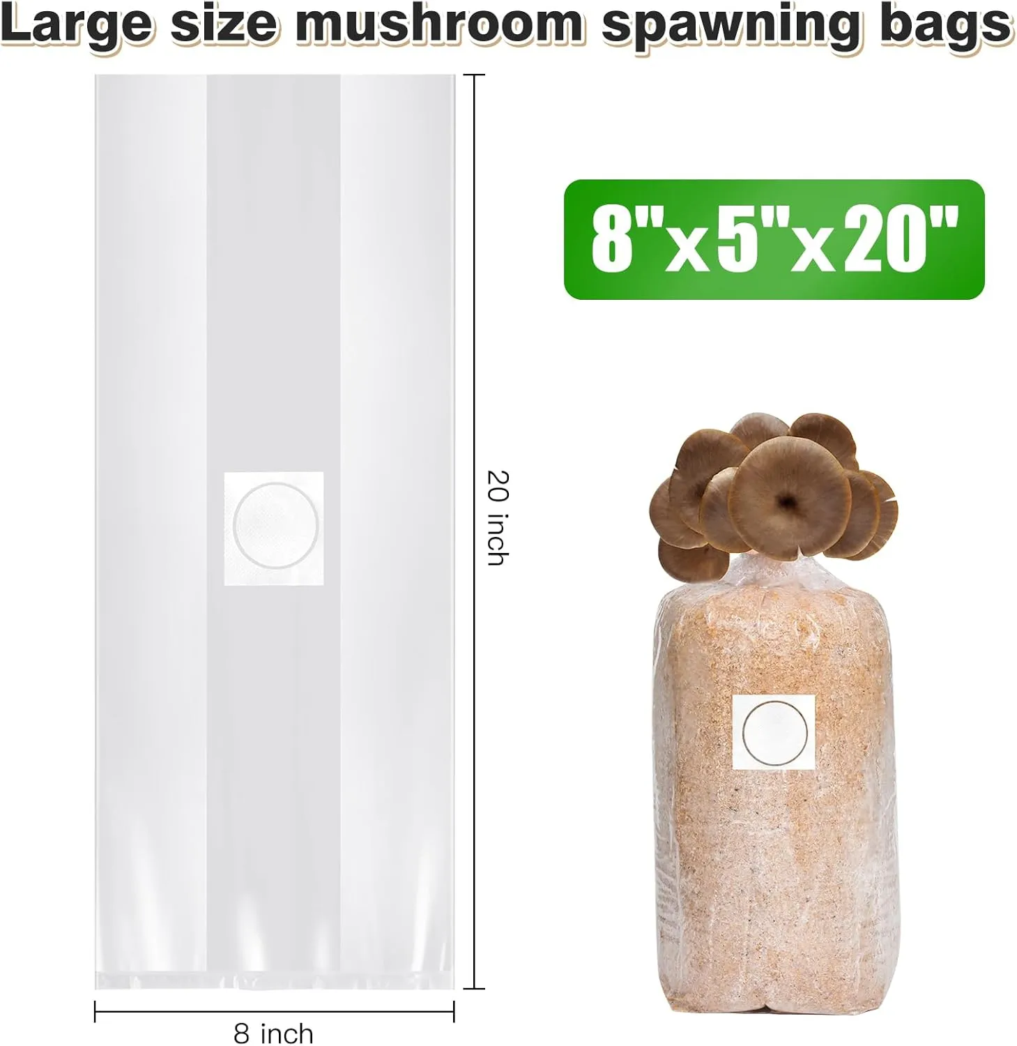 55Pack Mushroom Grow Bags Spawn Bag Bulk with Microporous Filter Patchs, Large 8" X 5" X 20" Thick 3 Mil Mushroom Bags Plant Grow Bags for Mushroom Growing Supplies Cultivation Bag