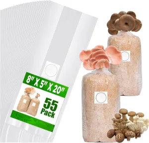 55Pack Mushroom Grow Bags Spawn Bag Bulk with Microporous Filter Patchs, Large 8" X 5" X 20" Thick 3 Mil Mushroom Bags Plant Grow Bags for Mushroom Growing Supplies Cultivation Bag