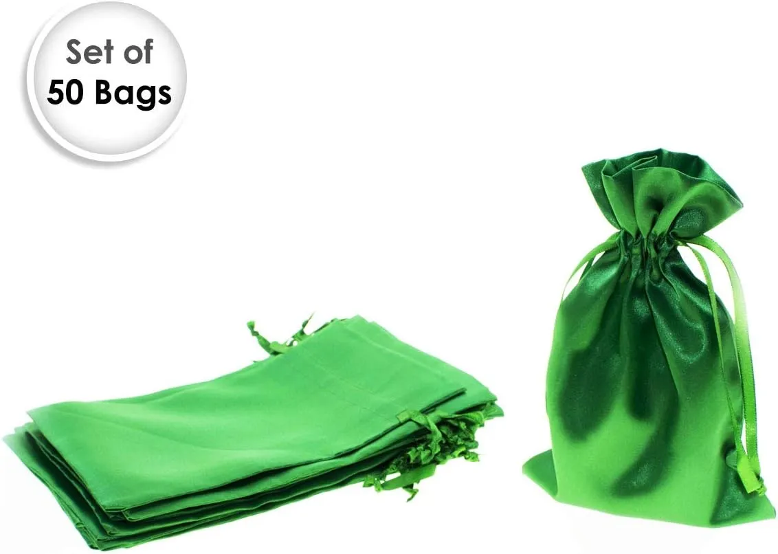 5" x 8" Green Satin Gift Bags, Jewelry Bags, Wedding Favor Drawstring Bags Baby Shower Christmas Gift Bags 50 per Pack