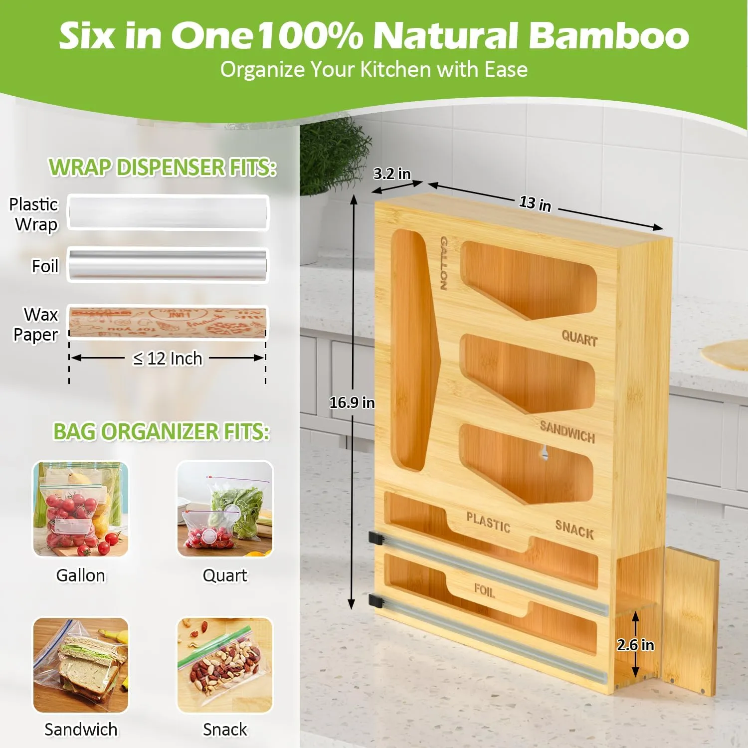 6 in 1 Bag Organizer and Wrap Dispenser with Magnetic Lid - Plastic Wrap Dispenser with Cutter for Kitchen Drawer, Storage for Gallon, Quart, Sandwich, Snack Bags, and Foil Beige