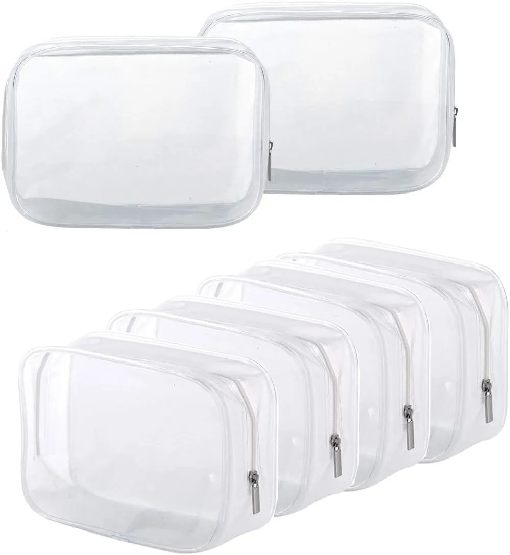 6 Pack Clear Toiletry Carry Pouch with Zipper Portable Plastic Waterproof Cosmetic Bag TSA Approved for Vacation Travel Bathroom and Organizing (White, Small)