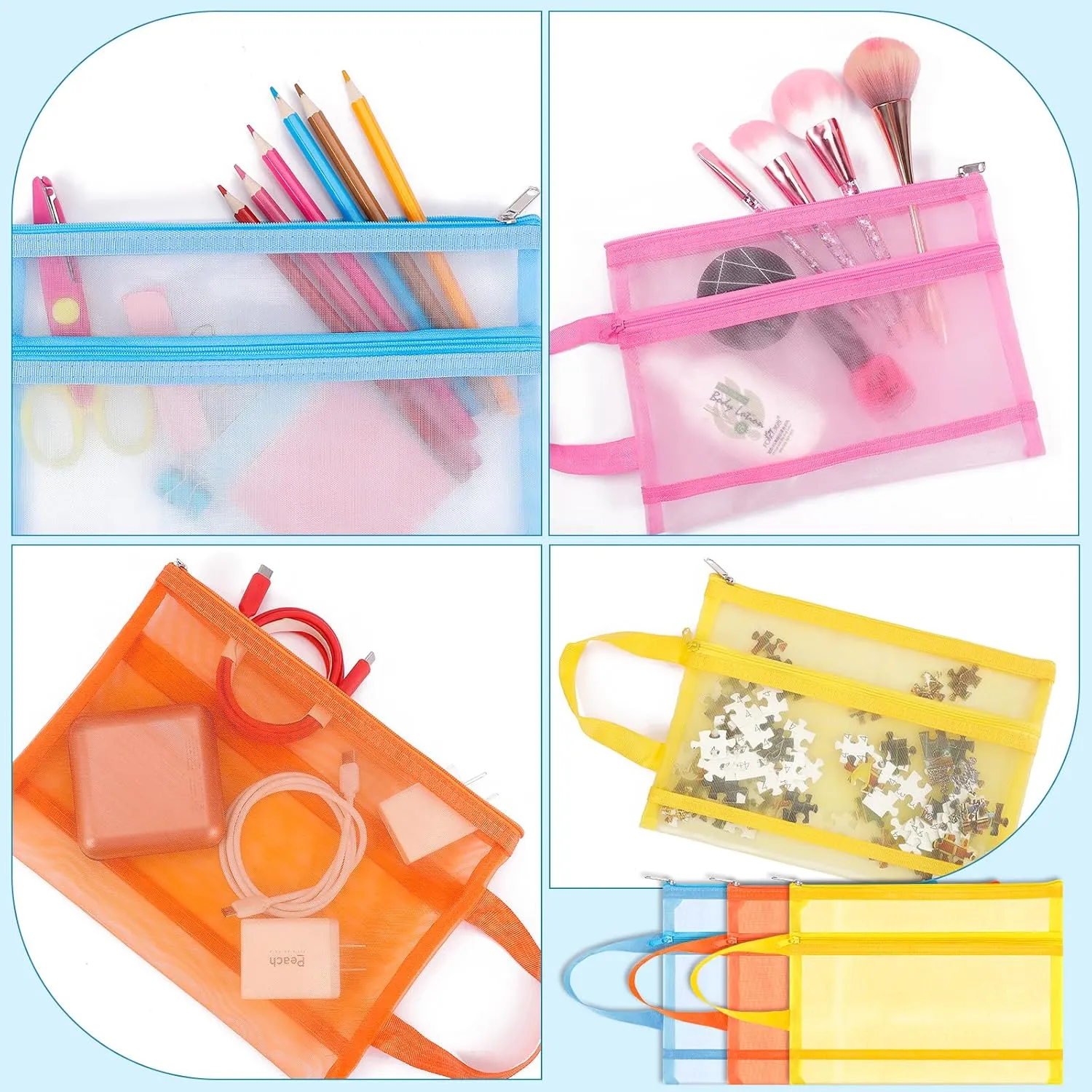 6 Pack Mesh Zipper Pouch Bags, Double Layer Nylon Pouch with Handle for Office Travel Organization (Orange, A4)