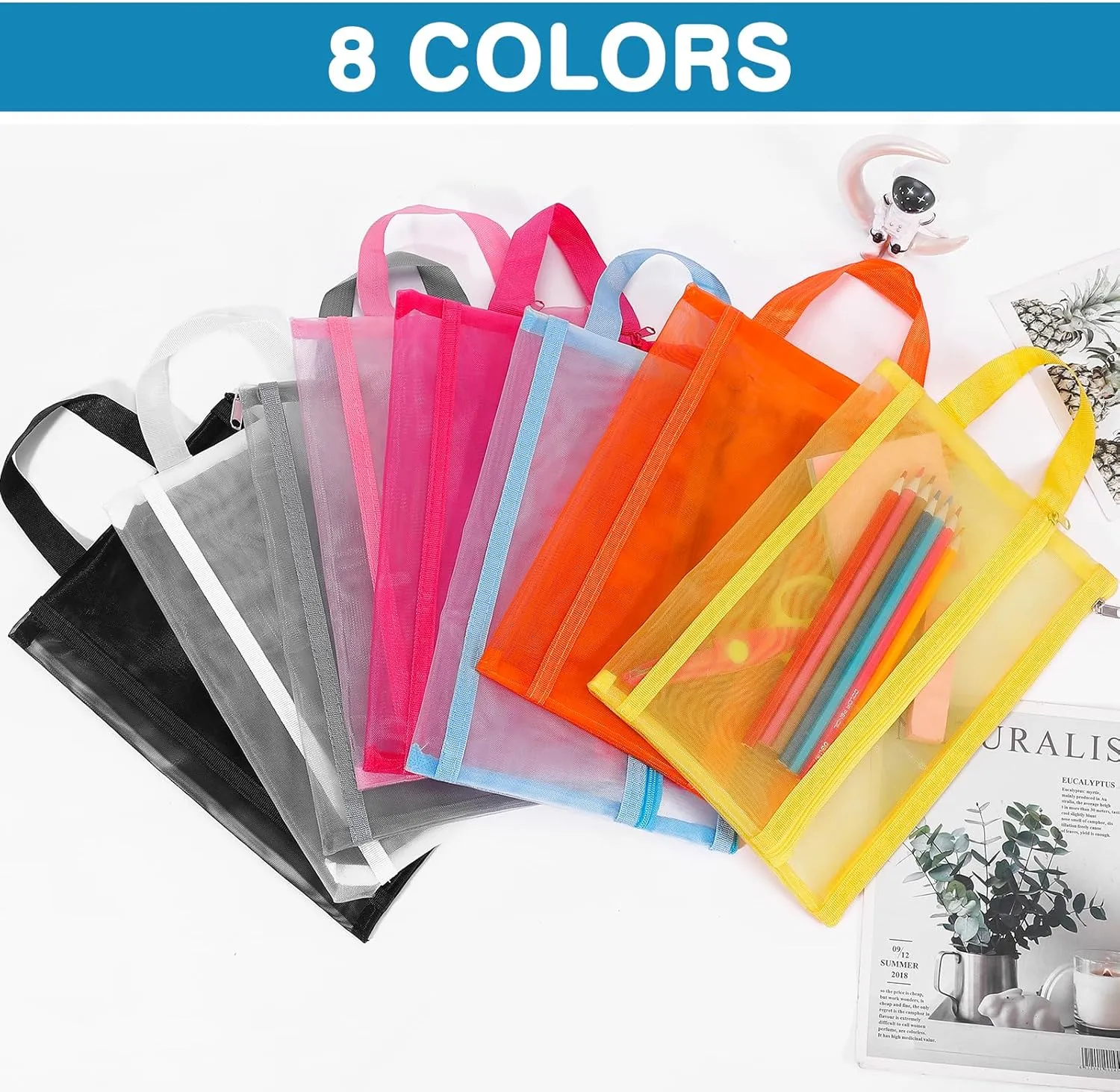 6 Pack Mesh Zipper Pouch Bags, Double Layer Nylon Pouch with Handle for Office Travel Organization (Orange, A4)