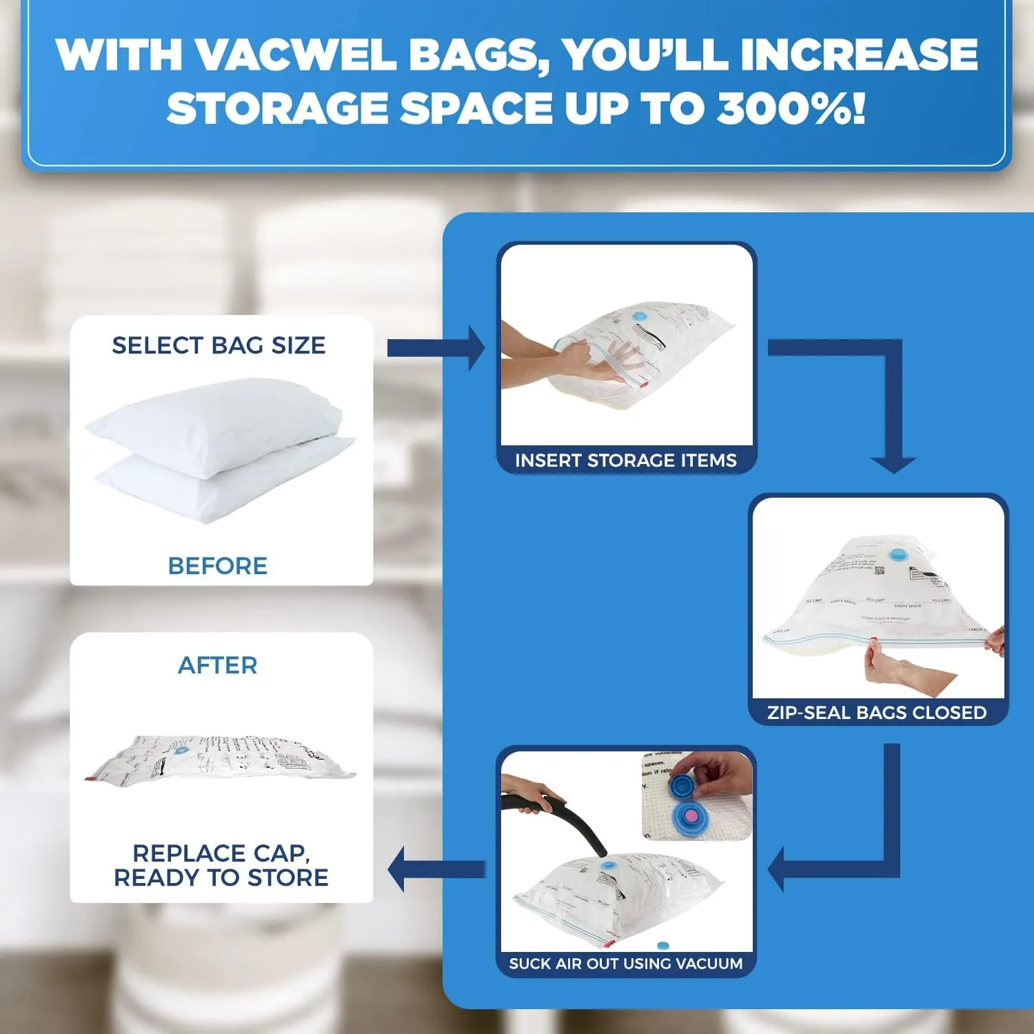 6-Pack Variety - Vacuum Storage Bags for Clothes Storage, Large Comforters & Bedding - Vacuum Seal Bags for Blankets & Space Saving Clothing - 3x XXL (47x35in)   3x Jumbo (43x30in)