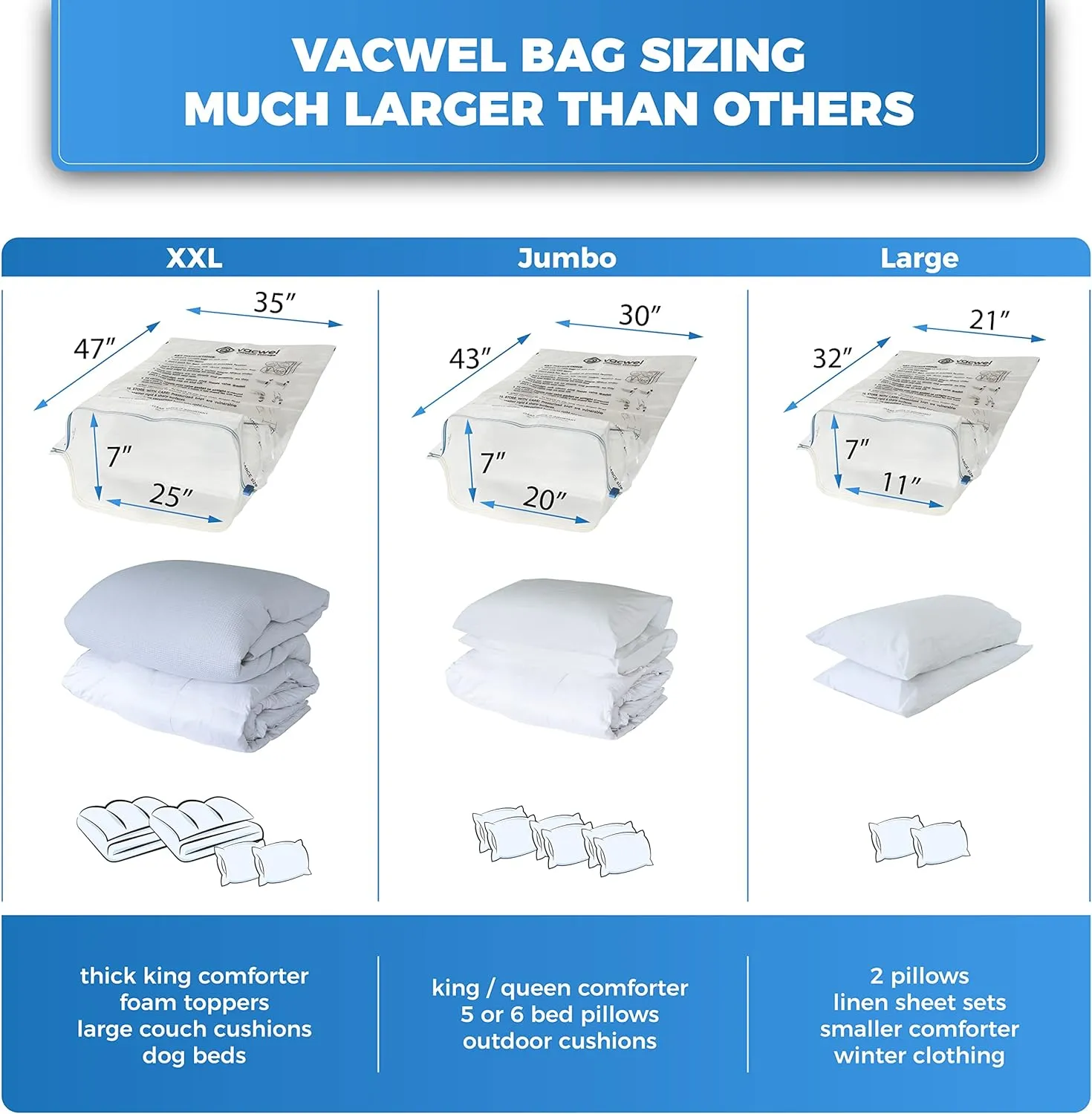 6-Pack Variety - Vacuum Storage Bags for Clothes Storage, Large Comforters & Bedding - Vacuum Seal Bags for Blankets & Space Saving Clothing - 3x XXL (47x35in)   3x Jumbo (43x30in)