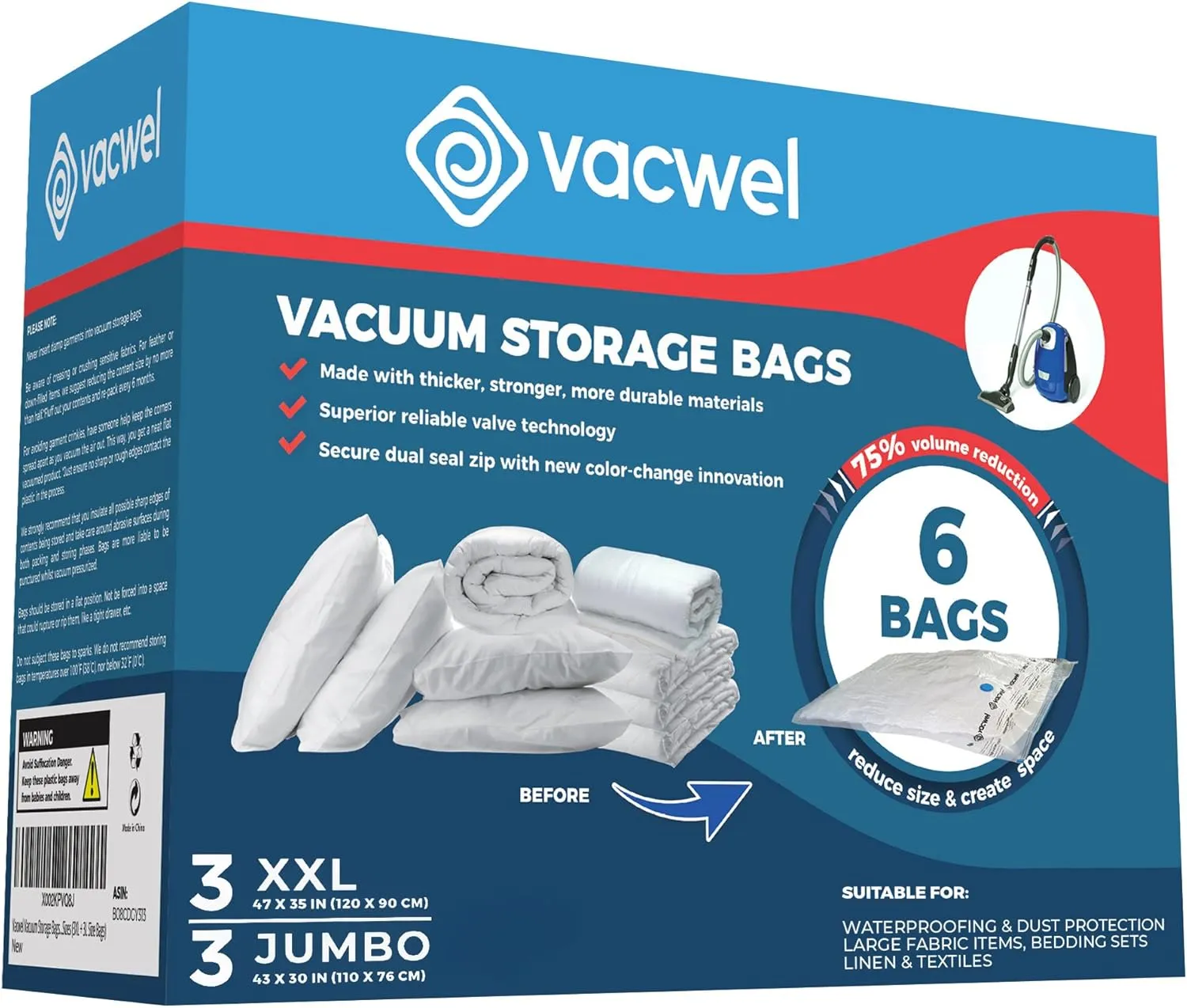 6-Pack Variety - Vacuum Storage Bags for Clothes Storage, Large Comforters & Bedding - Vacuum Seal Bags for Blankets & Space Saving Clothing - 3x XXL (47x35in)   3x Jumbo (43x30in)