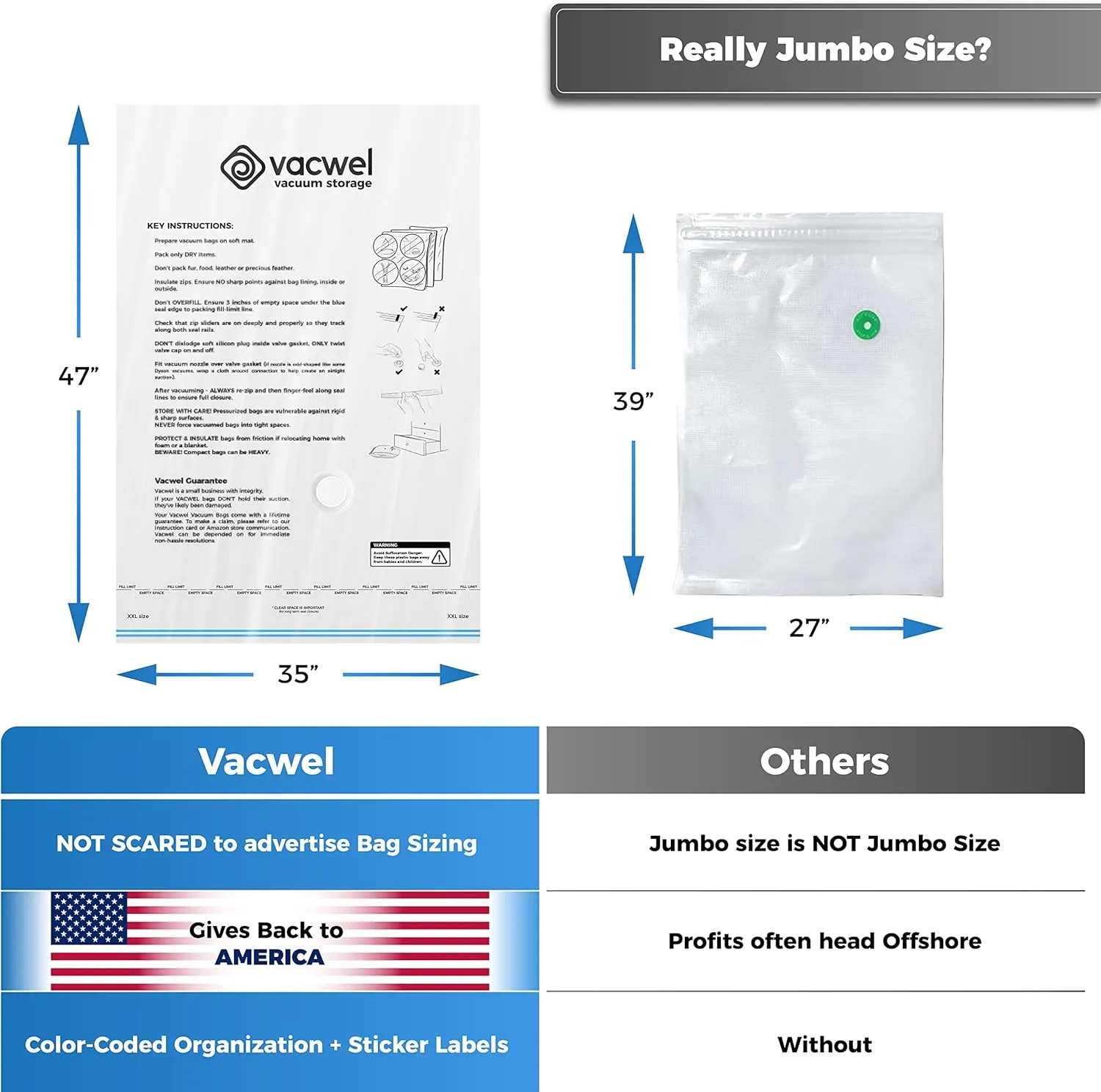 6-Pack Variety - Vacuum Storage Bags for Clothes Storage, Large Comforters & Bedding - Vacuum Seal Bags for Blankets & Space Saving Clothing - 3x XXL (47x35in)   3x Jumbo (43x30in)