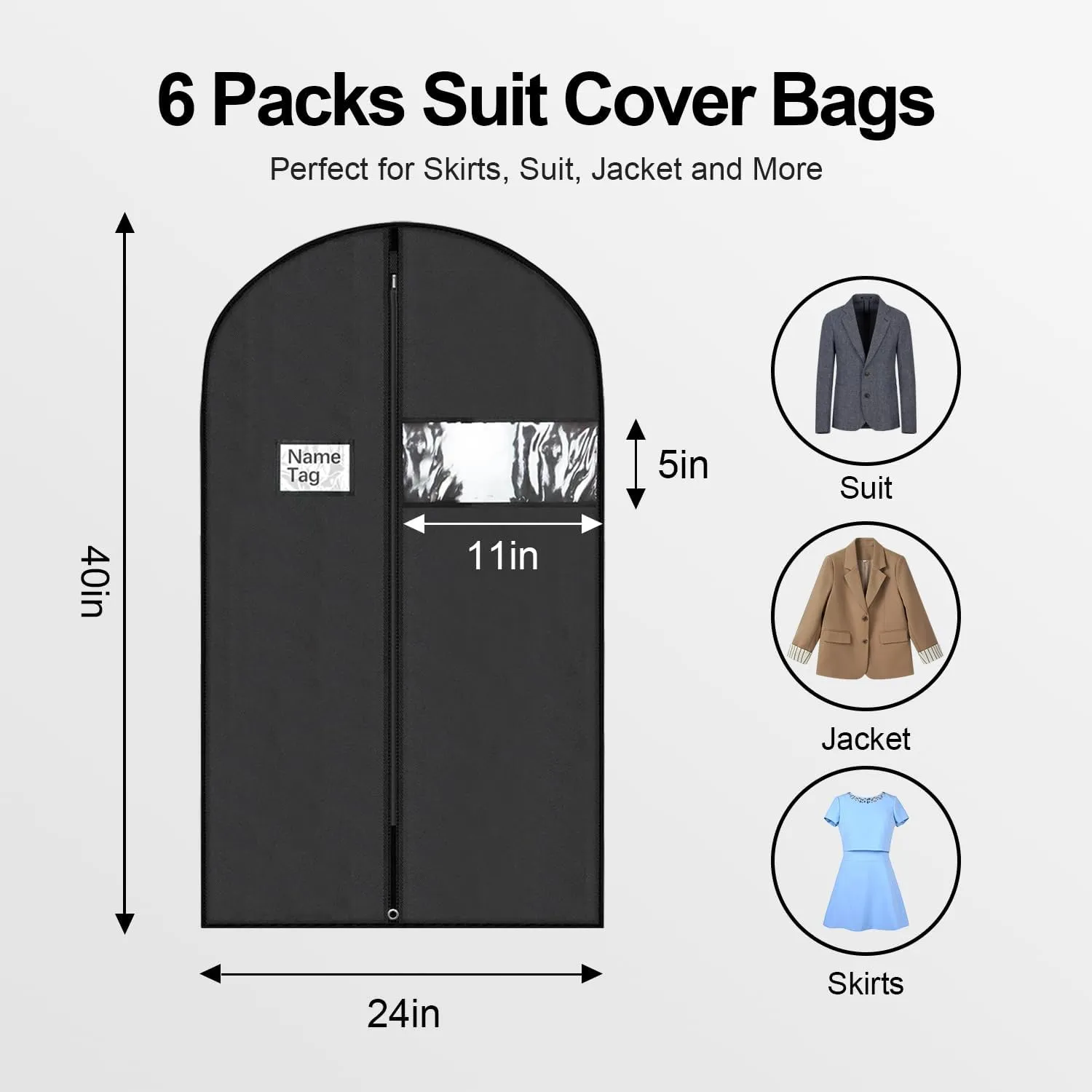 6 Packs Garment Bags, 40 Inches Suit Cover Bags for Travel and Storage, Non-woven Breathable Hanging Garment Bags for Closet Storage Suits, T-shirts, Jackets and Pants - Black