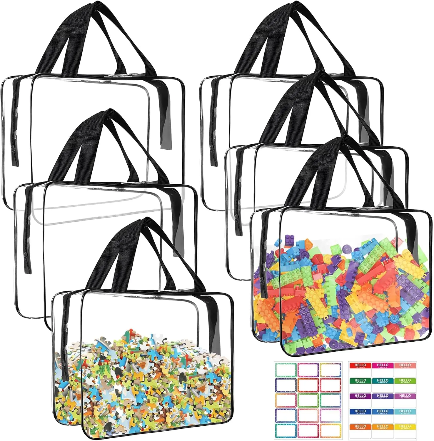 6 Pieces Large Toy Storage Bags with Labels, Reusable Clear PVC Toy Organizer Bags With Zipper Waterproof Storage Bags for Building Blocks, Puzzle, Books