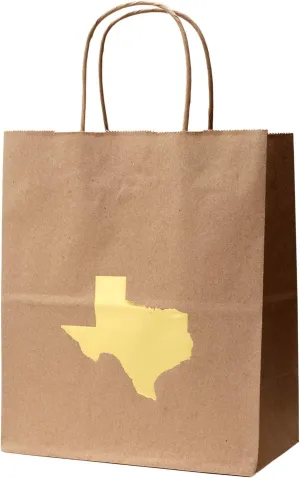 6 Texas Gift Bag with Gold Foil State of Texas Shape Kraft Gift Bag Cub Size 8 x 4 3/4 x 10 1/4 Inches