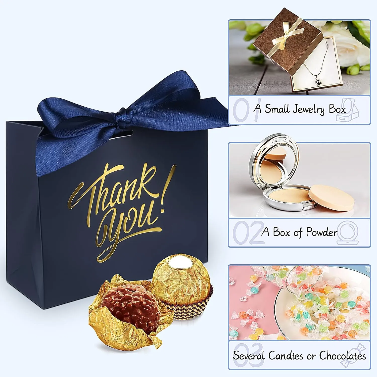 60 Pack Small Thank You Gift Bags, 4.5x1.8x3.9in Party Favor Bags Boxes with Bow Ribbon, Small Paper Gift Bags with Gold Foil Printed, Mini Candy Treat Bags for Birthday Wedding Party Holiday